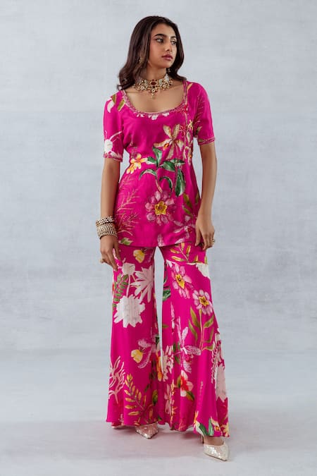 Aroop Shop India_Pink Moss Floral U Neck Print Short Kurta And Flared Pant Set _Online_at_Aza_Fashions