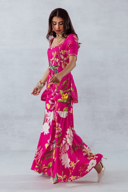 Buy_Aroop Shop India_Pink Moss Floral U Neck Print Short Kurta And Flared Pant Set _Online_at_Aza_Fashions