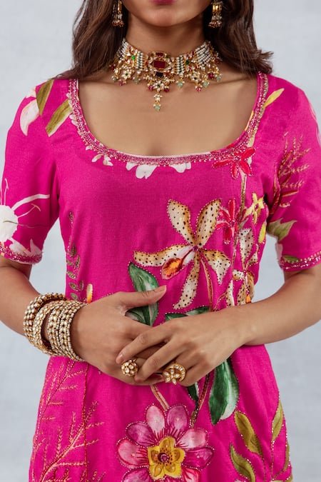 Shop_Aroop Shop India_Pink Moss Floral U Neck Print Short Kurta And Flared Pant Set _Online_at_Aza_Fashions