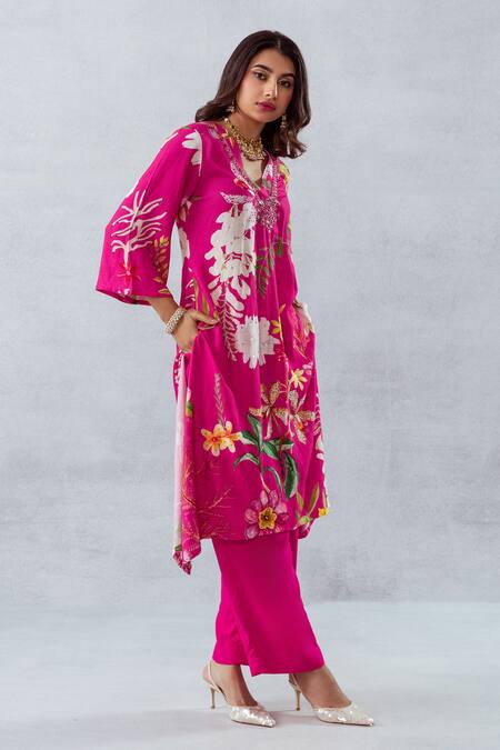 Aroop Shop India_Pink Moss Floral V Neck Print Kurta And Pant Set _Online_at_Aza_Fashions