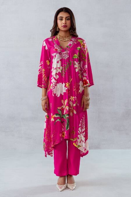 Shop_Aroop Shop India_Pink Moss Floral V Neck Print Kurta And Pant Set _Online_at_Aza_Fashions