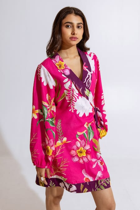 Aroop Shop India_Fuchsia Moss Floral V Neck Print Short Dress _Online_at_Aza_Fashions