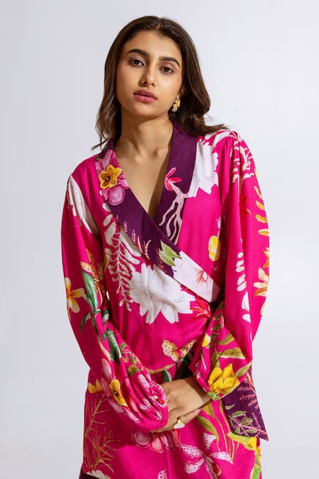 Buy_Aroop Shop India_Fuchsia Moss Floral V Neck Print Short Dress _Online_at_Aza_Fashions