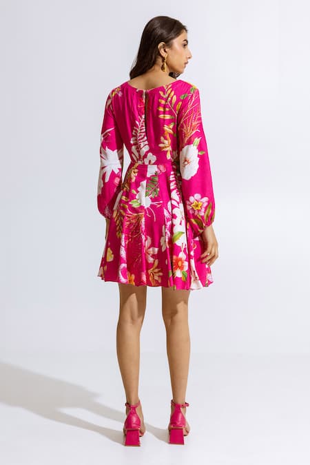 Aroop Shop India Floral Printed Fuchsia Short Dress 