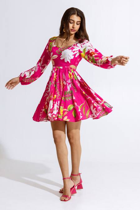 Aroop Shop India_Fuchsia Modal Floral Printed Short Dress _Online_at_Aza_Fashions