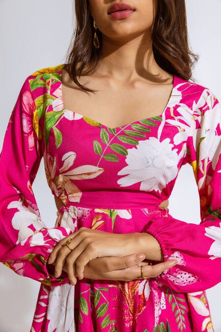 Buy_Aroop Shop India_Fuchsia Modal Floral Printed Short Dress _Online_at_Aza_Fashions