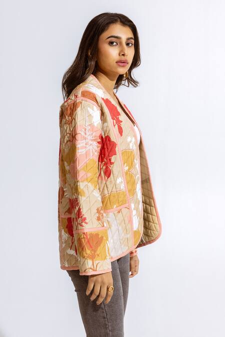 Aroop Shop India Beige Modal Floral Open Print Quilted Jacket Online at Aza Fashions Aroop Shop India_Beige Modal Floral Open Print Quilted Jacket _Online_at_Aza_Fashions