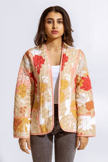 Buy Aroop Shop India Beige Modal Floral Open Print Quilted Jacket Online at Aza Fashions Buy_Aroop Shop India_Beige Modal Floral Open Print Quilted Jacket _Online_at_Aza_Fashions