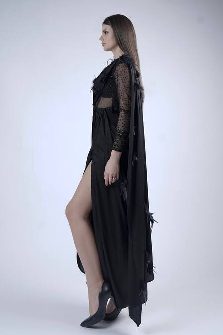 Neha & Tarun Black Cotton Cut Work, Sequins, Cutdana Embellished Pre-stitched Saree Gown Online at Aza Fashions Neha & Tarun_Black Cotton Cut Work, Sequins, Cutdana Embellished Pre-stitched Saree Gown _Online_at_Aza_Fashions