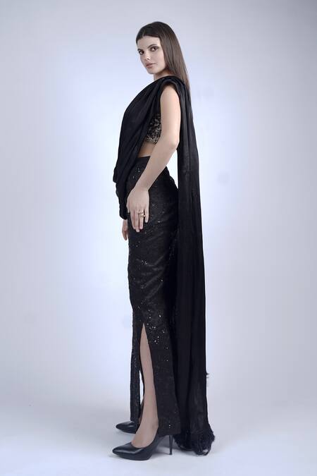 Neha & Tarun Black Lining Shantoon, Vine Embroidered Slit Pre-stitched Saree With Blouse Online at Aza Fashions Neha & Tarun_Black Lining Shantoon, Vine Embroidered Slit Pre-stitched Saree With Blouse _Online_at_Aza_Fashions