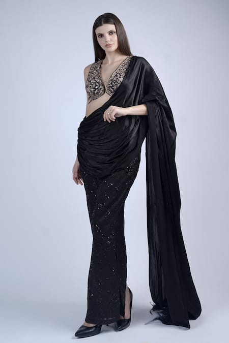 Shop Neha & Tarun Black Lining Shantoon, Vine Embroidered Slit Pre-stitched Saree With Blouse Online at Aza Fashions Shop_Neha & Tarun_Black Lining Shantoon, Vine Embroidered Slit Pre-stitched Saree With Blouse _Online_at_Aza_Fashions
