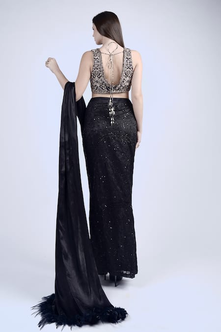 Shop Neha & Tarun Black Lining Shantoon, Vine Embroidered Slit Pre-stitched Saree With Blouse at Aza Fashions Shop_Neha & Tarun_Black Lining Shantoon, Vine Embroidered Slit Pre-stitched Saree With Blouse _at_Aza_Fashions