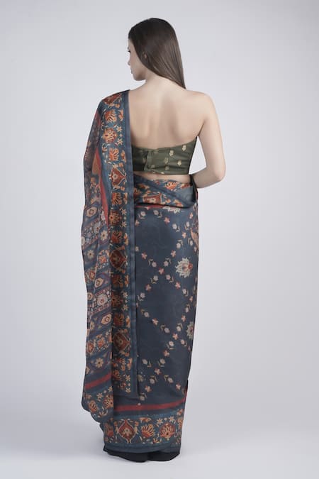 Shop_Neha & Tarun_Blue Chanderi Embroidery Round Neck Floral Printed Saree And Blouse _at_Aza_Fashions
