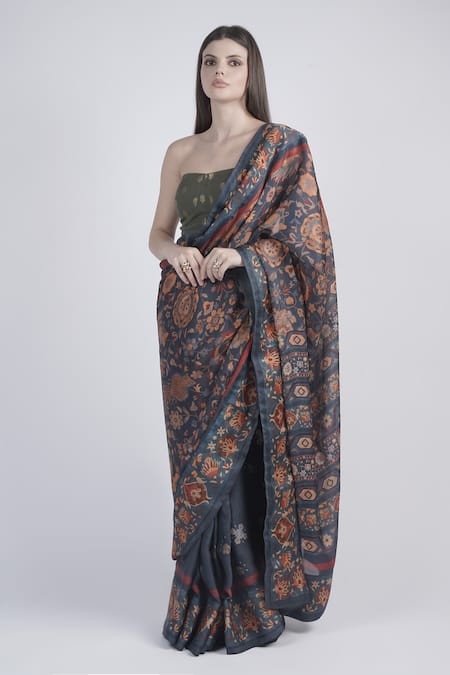 Neha & Tarun Blue Chanderi Floral Printed Saree & Blouse 