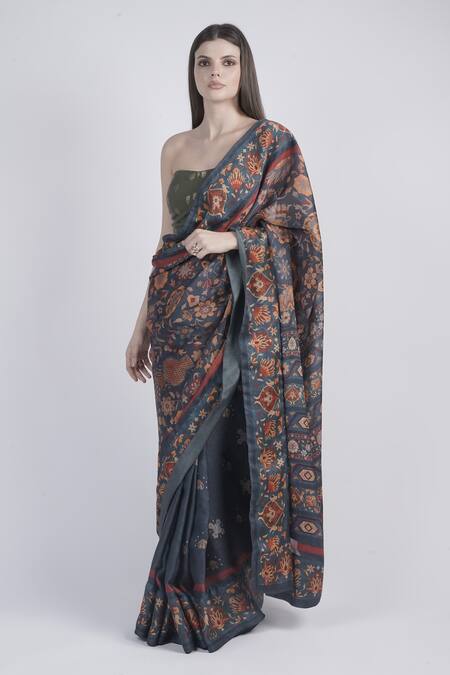 Neha & Tarun_Blue Chanderi Embroidery Round Neck Floral Printed Saree And Blouse _Online_at_Aza_Fashions
