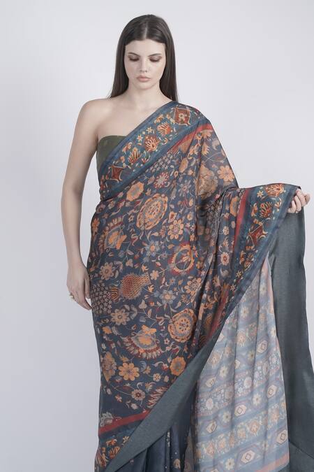 Buy_Neha & Tarun_Blue Chanderi Embroidery Round Neck Floral Printed Saree And Blouse _Online_at_Aza_Fashions
