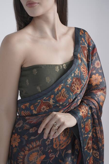 Shop_Neha & Tarun_Blue Chanderi Embroidery Round Neck Floral Printed Saree And Blouse _Online_at_Aza_Fashions