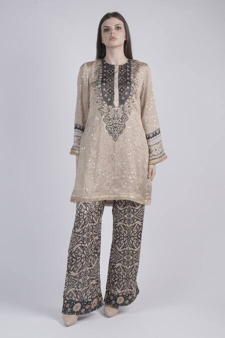 Neha & Tarun_Beige Chanderi, Linen Sequins, Gota Patti Round Floral Embellished Kurta Set _Online_at_Aza_Fashions