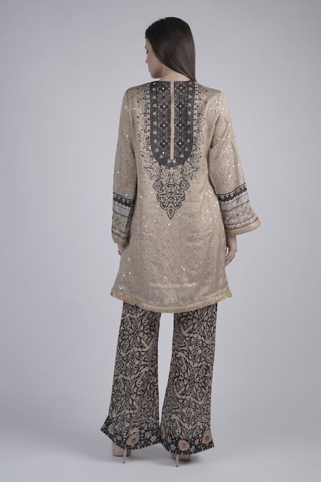 Shop_Neha & Tarun_Beige Chanderi, Linen Sequins, Gota Patti Round Floral Embellished Kurta Set _at_Aza_Fashions