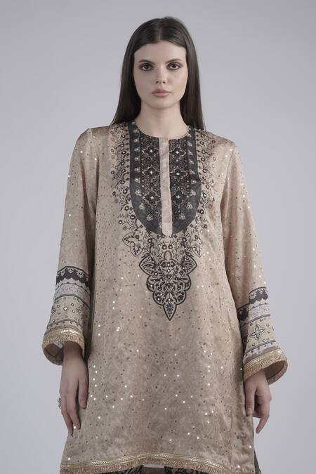 Buy_Neha & Tarun_Beige Chanderi, Linen Sequins, Gota Patti Round Floral Embellished Kurta Set _Online_at_Aza_Fashions