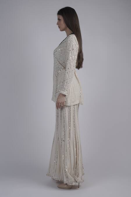 Neha & Tarun_Ivory Chanderi, Linen Sequins, Cut Work Embroidered Kurta Set With Flared Pant _Online_at_Aza_Fashions