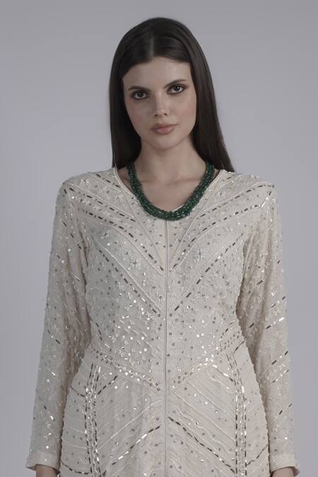 Buy_Neha & Tarun_Ivory Chanderi, Linen Sequins, Cut Work Embroidered Kurta Set With Flared Pant _Online_at_Aza_Fashions