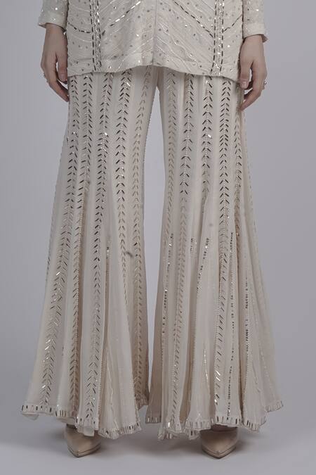 Shop_Neha & Tarun_Ivory Chanderi, Linen Sequins, Cut Work Embroidered Kurta Set With Flared Pant _Online_at_Aza_Fashions