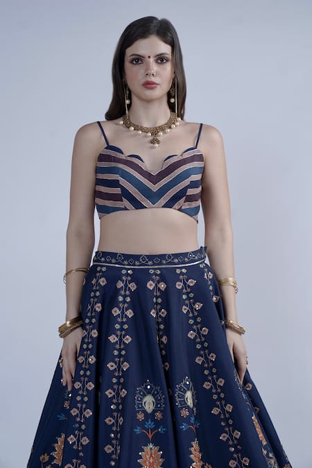 Neha & Tarun_Blue Chanderi, Linen Embroidery, Sequins Sweetheart Neck Floral Lehenga Set _Online_at_Aza_Fashions