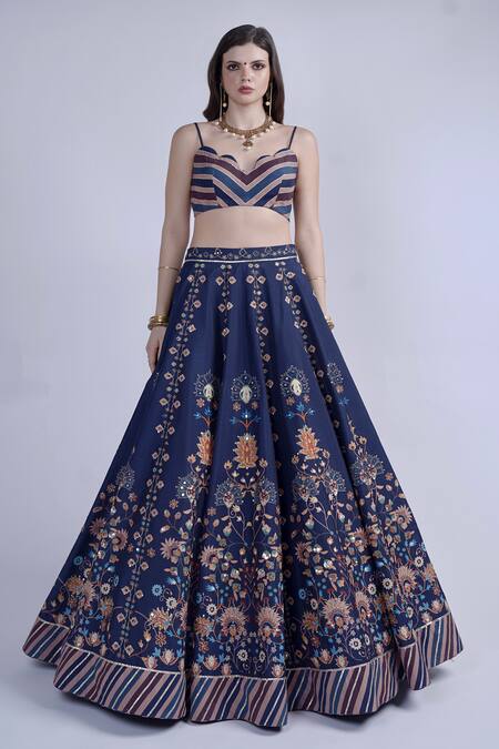 Buy_Neha & Tarun_Blue Chanderi, Linen Embroidery, Sequins Sweetheart Neck Floral Lehenga Set _Online_at_Aza_Fashions