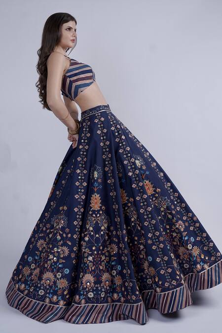 Shop_Neha & Tarun_Blue Chanderi, Linen Embroidery, Sequins Sweetheart Neck Floral Lehenga Set _Online_at_Aza_Fashions