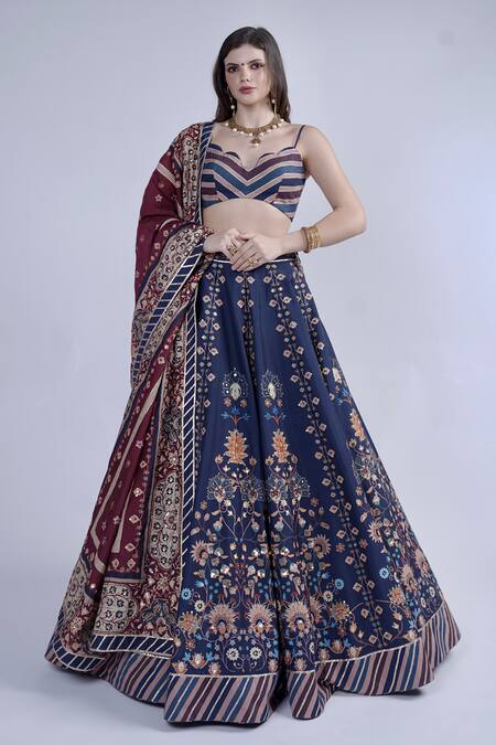 Neha & Tarun_Blue Chanderi, Linen Embroidery, Sequins Sweetheart Neck Floral Lehenga Set _at_Aza_Fashions