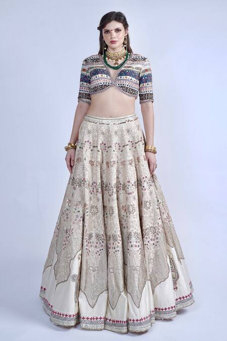 Neha & Tarun_Ivory Chanderi, Lining Shantoon Dori, Sequin, Thread And Embroidered Lehenga Set _Online_at_Aza_Fashions