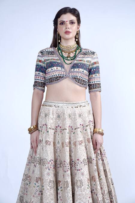 Shop_Neha & Tarun_Ivory Chanderi, Lining Shantoon Dori, Sequin, Thread And Embroidered Lehenga Set _Online_at_Aza_Fashions