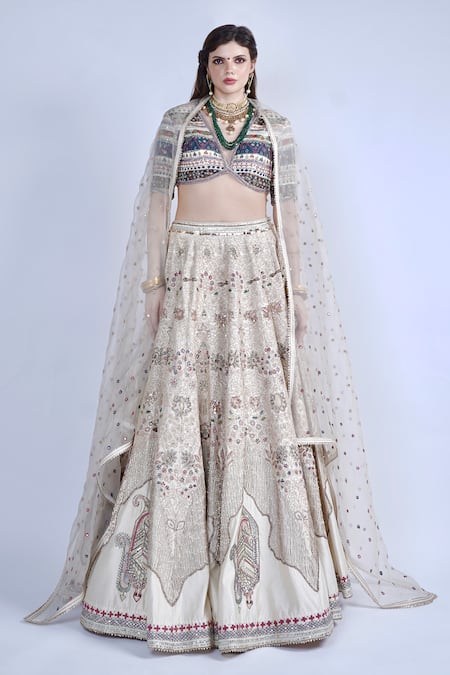 Neha & Tarun_Ivory Chanderi, Lining Shantoon Dori, Sequin, Thread And Embroidered Lehenga Set _at_Aza_Fashions