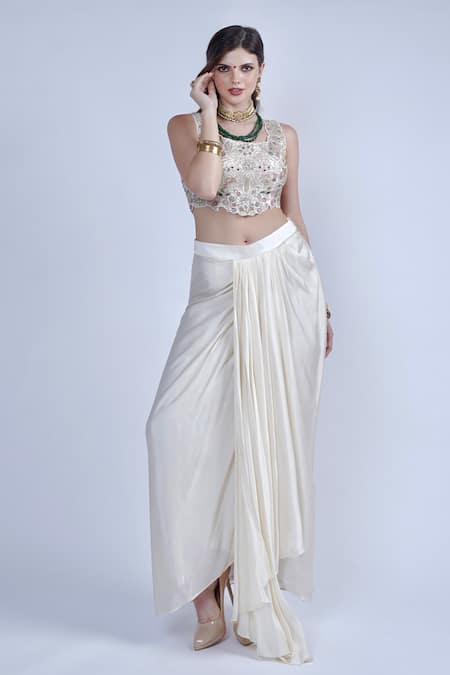 Neha & Tarun_Ivory Georgette, Bamboo Sequins, Embroidery Square Neck Cape And Dhoti Skirt Set _Online_at_Aza_Fashions