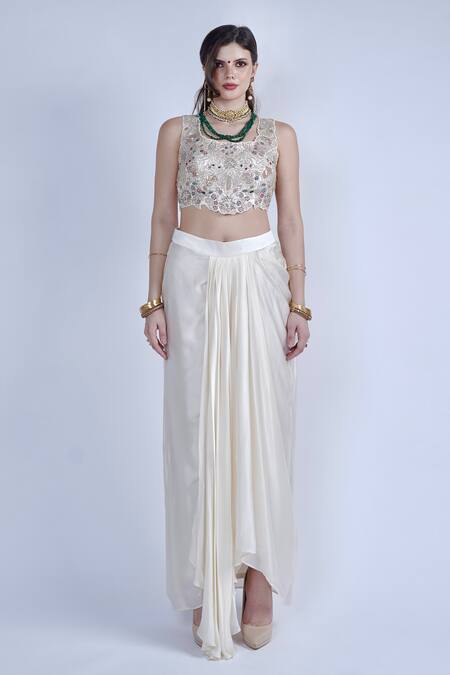 Buy_Neha & Tarun_Ivory Georgette, Bamboo Sequins, Embroidery Square Neck Cape And Dhoti Skirt Set _Online_at_Aza_Fashions
