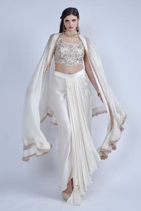 Neha & Tarun_Ivory Georgette, Bamboo Sequins, Embroidery Square Neck Cape And Dhoti Skirt Set _at_Aza_Fashions