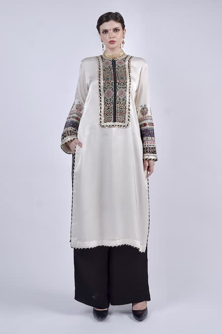 Neha & Tarun_White Georgette Sequins, Embroidery Round Neck Kurta Palazzo Set _at_Aza_Fashions
