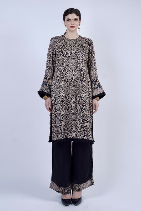 Shop_Neha & Tarun_Black Lining Shantoon, Satin Georgette Thread And Embroidered Kurta Palazzo Set _Online_at_Aza_Fashions