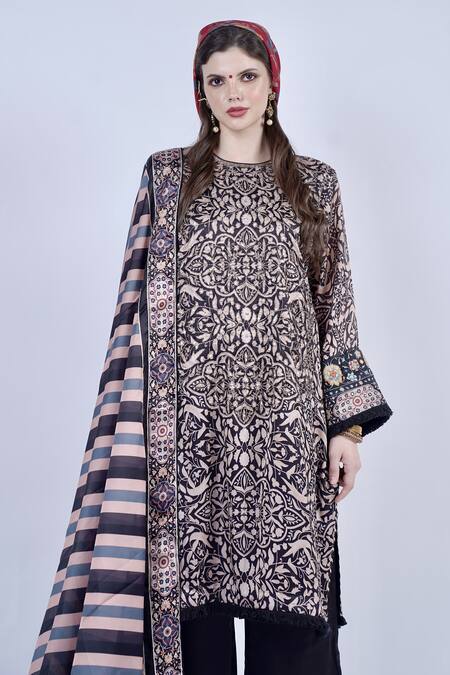 Neha & Tarun_Black Lining Shantoon, Satin Georgette Thread And Embroidered Kurta Palazzo Set _at_Aza_Fashions