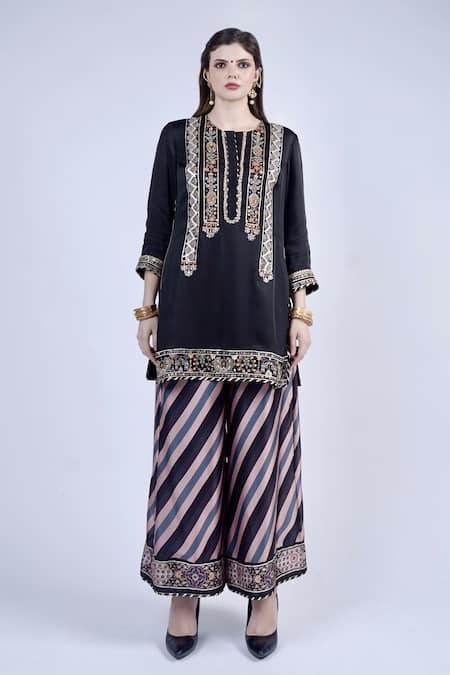 Buy Neha & Tarun Black Lining Shantoon, Bemberg And Satin Floral Embroidered Kurta Palazzo Set Online at Aza Fashions Buy_Neha & Tarun_Black Lining Shantoon, Bemberg And Satin Floral Embroidered Kurta Palazzo Set _Online_at_Aza_Fashions