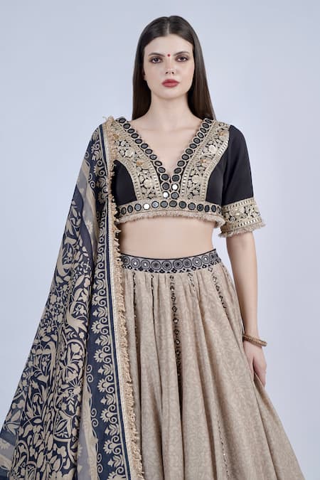 Neha & Tarun_Black Chanderi Sequins, Beads, Embroidery V-neck Floral Print Lehenga Set _Online_at_Aza_Fashions