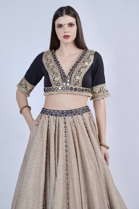 Buy_Neha & Tarun_Black Chanderi Sequins, Beads, Embroidery V-neck Floral Print Lehenga Set _Online_at_Aza_Fashions