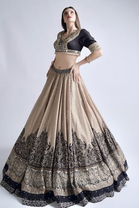 Shop_Neha & Tarun_Black Chanderi Sequins, Beads, Embroidery V-neck Floral Print Lehenga Set _Online_at_Aza_Fashions