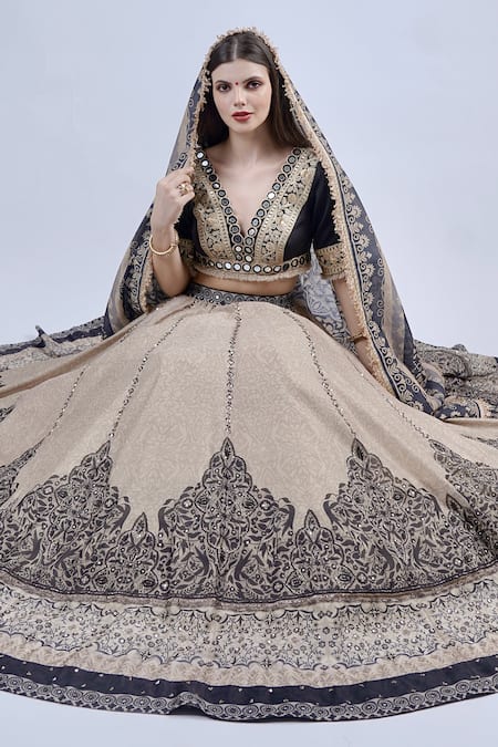 Neha & Tarun_Black Chanderi Sequins, Beads, Embroidery V-neck Floral Print Lehenga Set _at_Aza_Fashions