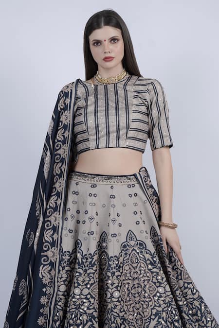 Neha & Tarun_Beige Georgette, Silk, Cotton Sequins, Floral Chevron Embroidered Lehenga Set _Online_at_Aza_Fashions