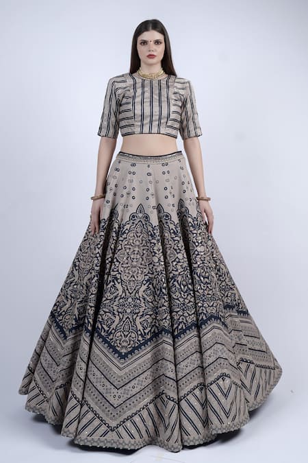 Buy_Neha & Tarun_Beige Georgette, Silk, Cotton Sequins, Floral Chevron Embroidered Lehenga Set _Online_at_Aza_Fashions