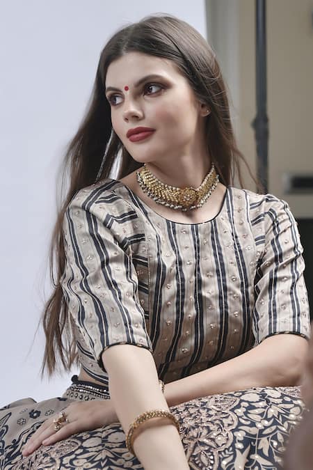 Shop_Neha & Tarun_Beige Georgette, Silk, Cotton Sequins, Floral Chevron Embroidered Lehenga Set _Online_at_Aza_Fashions