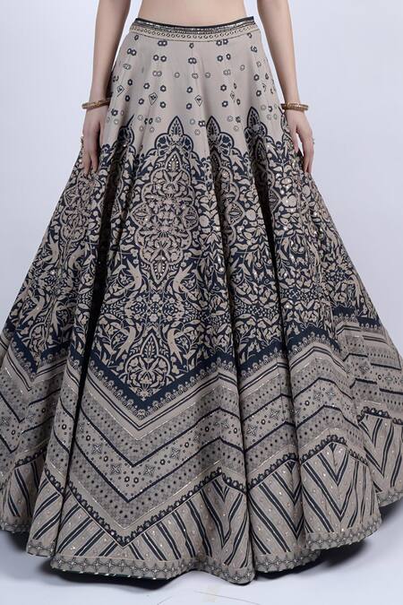 Neha & Tarun_Beige Georgette, Silk, Cotton Sequins, Floral Chevron Embroidered Lehenga Set _at_Aza_Fashions