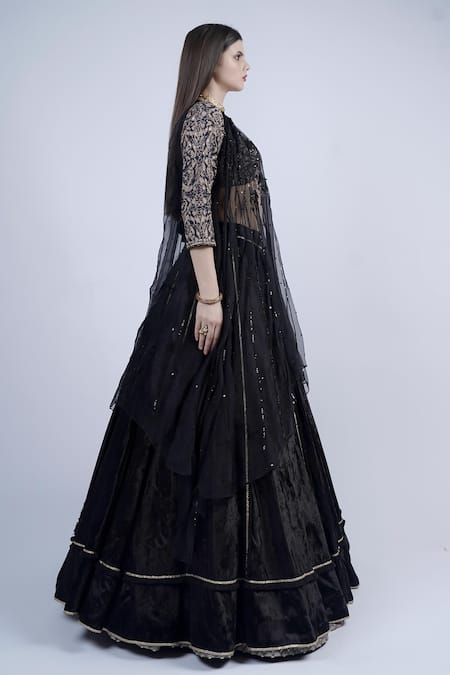 Neha & Tarun Black Organza, Velvet, Bemberg Lace V Neck Embroidered Lehenga Set Online at Aza Fashions Neha & Tarun_Black Organza, Velvet, Bemberg Lace V Neck Embroidered Lehenga Set _Online_at_Aza_Fashions